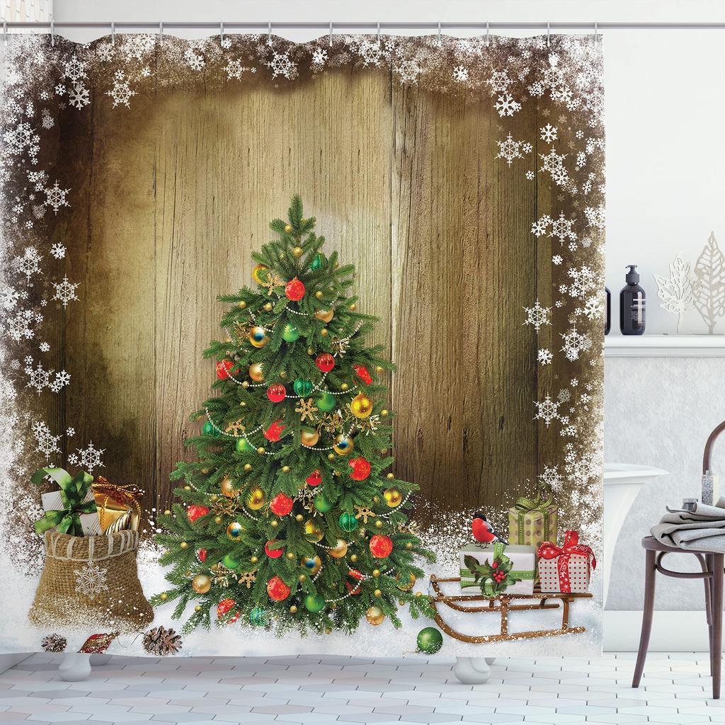 Christmas Shower Curtain Winter Snowy Landscape Forest Shower Curtain Xmas Pine Tree Bath Curtain with Hooks Home Bathroom Decor