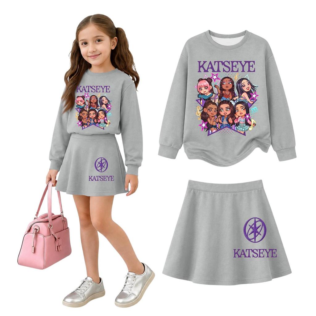 Girls' Long Sleeve Neck Top and Skirt 2 Piece Casual Outfit Set for Everyday Wear