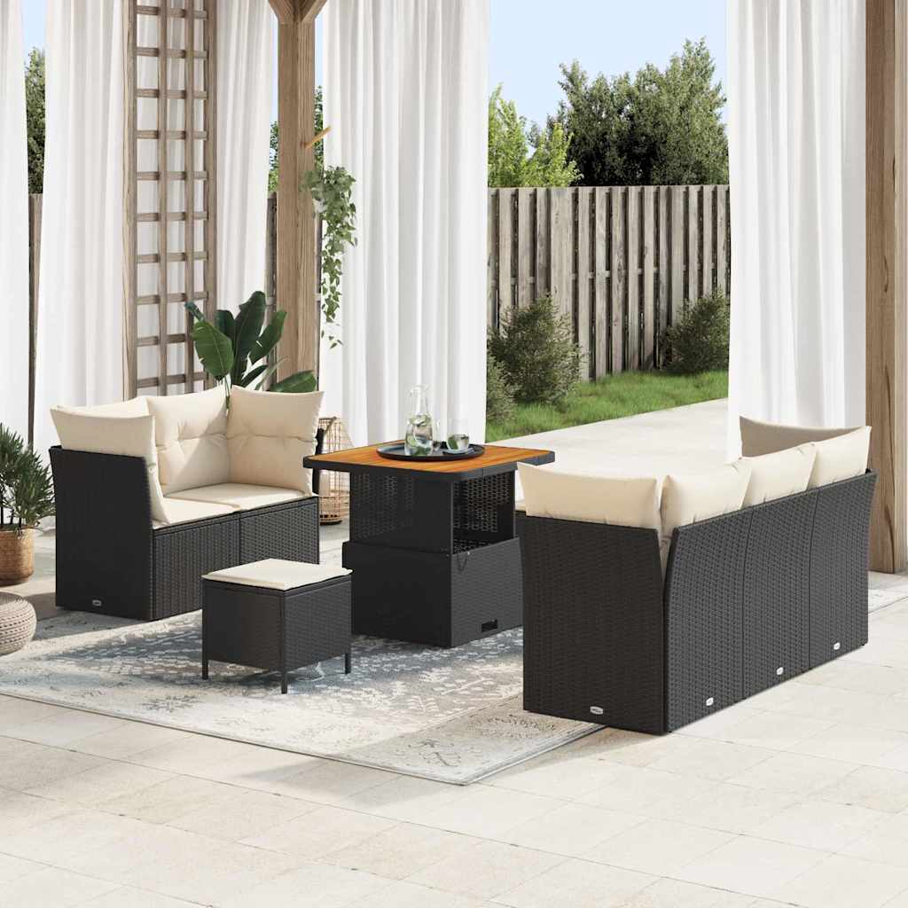 8 Piece Garden Sofa Set with Cushions Black and Cream Poly Rattan