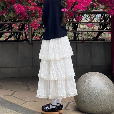 Women's Spring Balletcore Sweet White Lace-Trimmed Chiffon Tiered Puffy Maxi Skirt - High-Waist Tutu Style Half Skirt