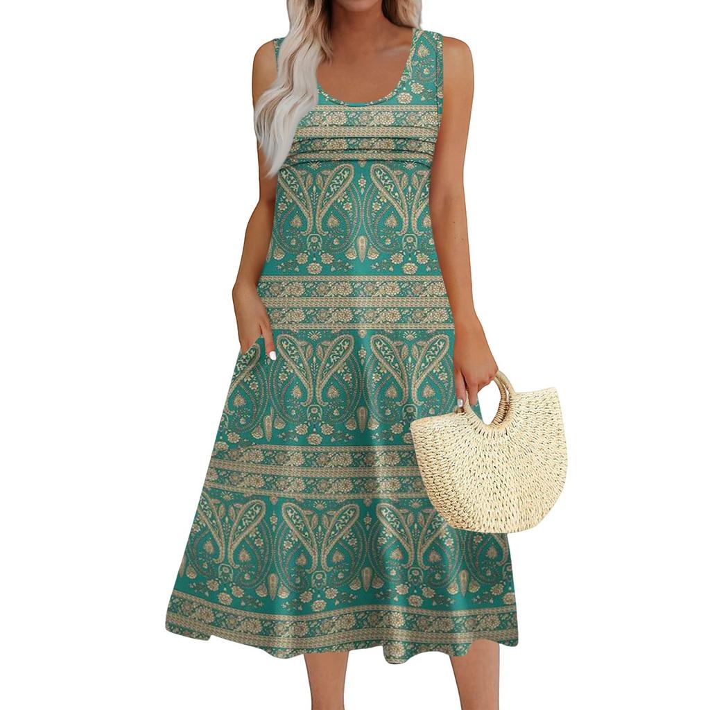 Women's Fashion Round Neck Sleeveless Pleated Beach Dress With Pockets Long Floral Dresses