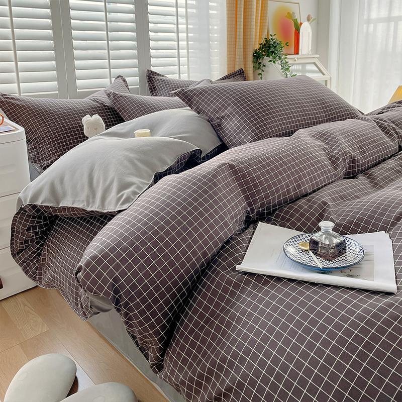 Soft Color Block Checkered Bedding Set Comfy 100% Washed Cotton Blue Plaid Duvet Cover Set King Queen Size Comforter Cover Sheet