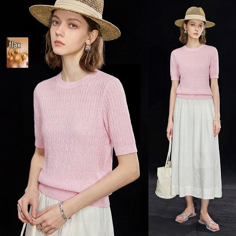 Women s French Round Neck Knit Short Sleeve Top with Linen Tencel Blend L