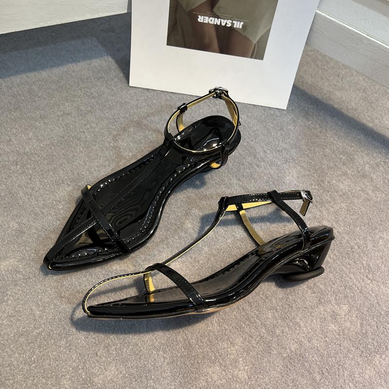 

Leather Korean version silver cross-shaped thin strap pointed open-toed sandals women s summer new thick heel one-word with beach shoes 40 чёрный