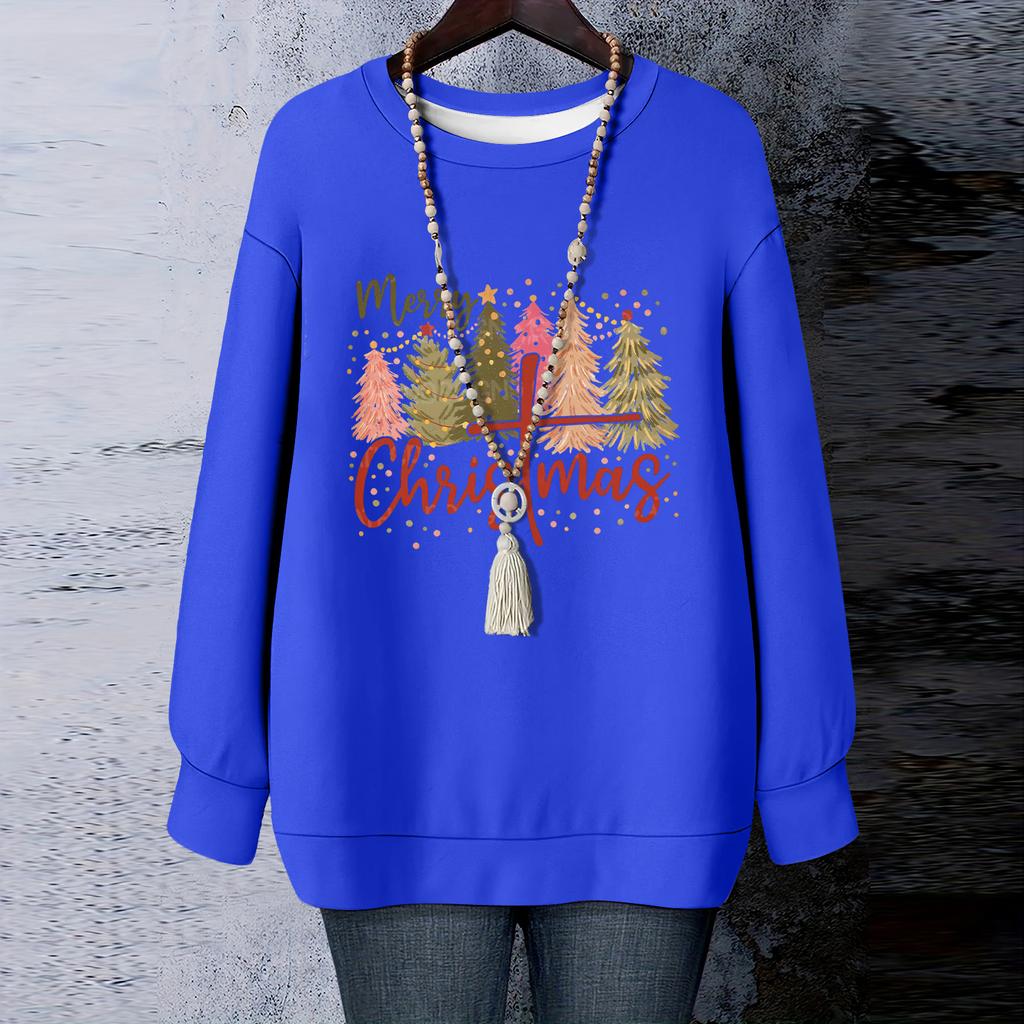 Ladies' Christmas Printed Round Neck Long Sleeved T-shirt Sweatshirt Top