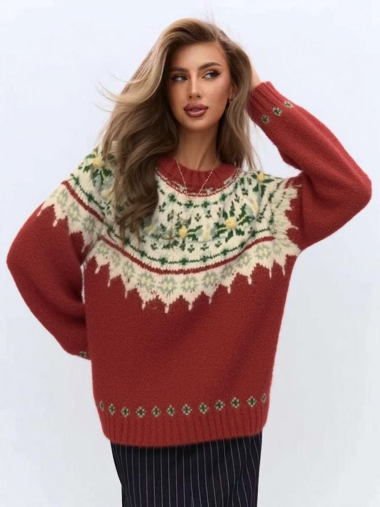 Fair Island sweater women's red jacquard long-sleeved sweater loose lazy style retro knitted sweater top trendy