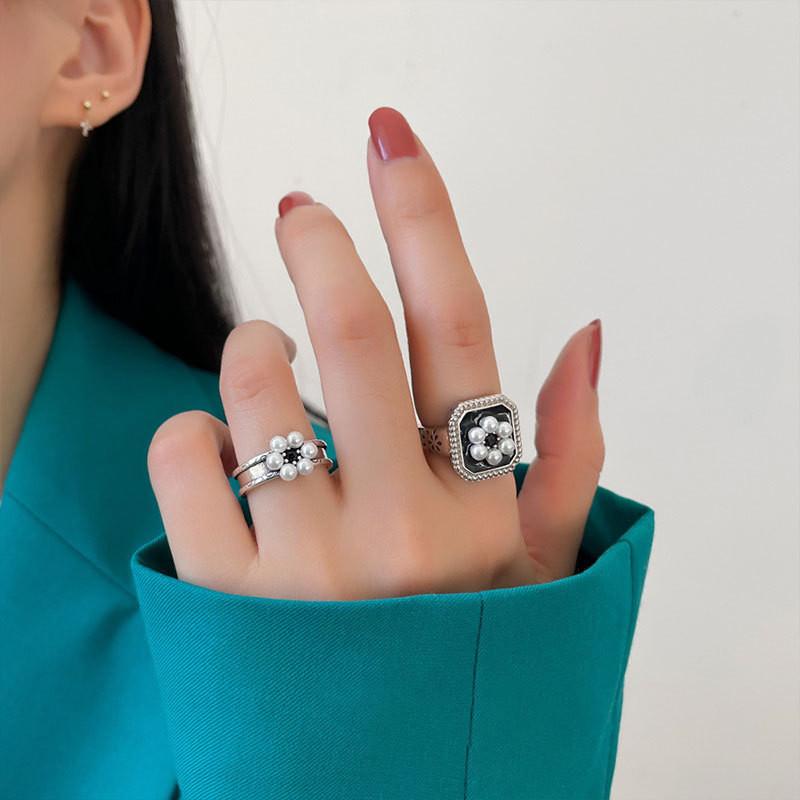 Elegant 925 Silver Ring For Women Retro Open Adjustable Pearl Fashion Statement Jewelry