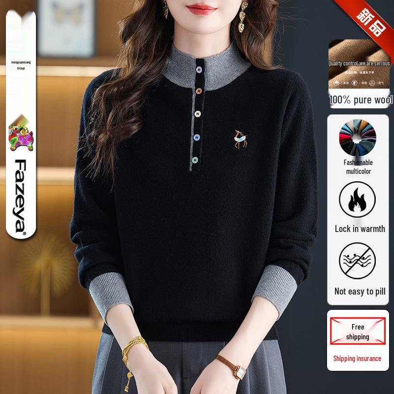 Hengyuanxiang Women's Pure Wool Round Neck Long Sleeve Sweater - Stylish Loose Knitwear for Mom