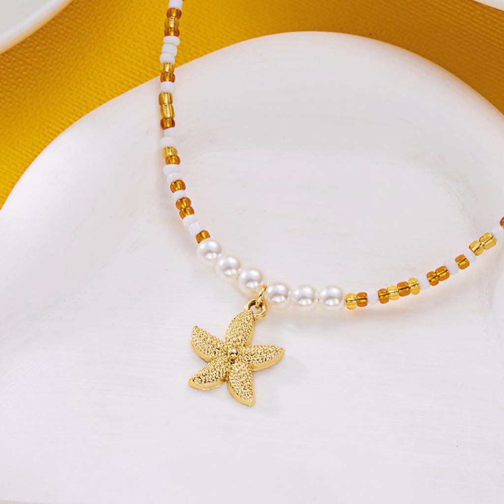 Bohemian Starfish Pendant Pearls Bead Necklace Adjustable Length Portable Jewelry for Beach Vacation and Parties