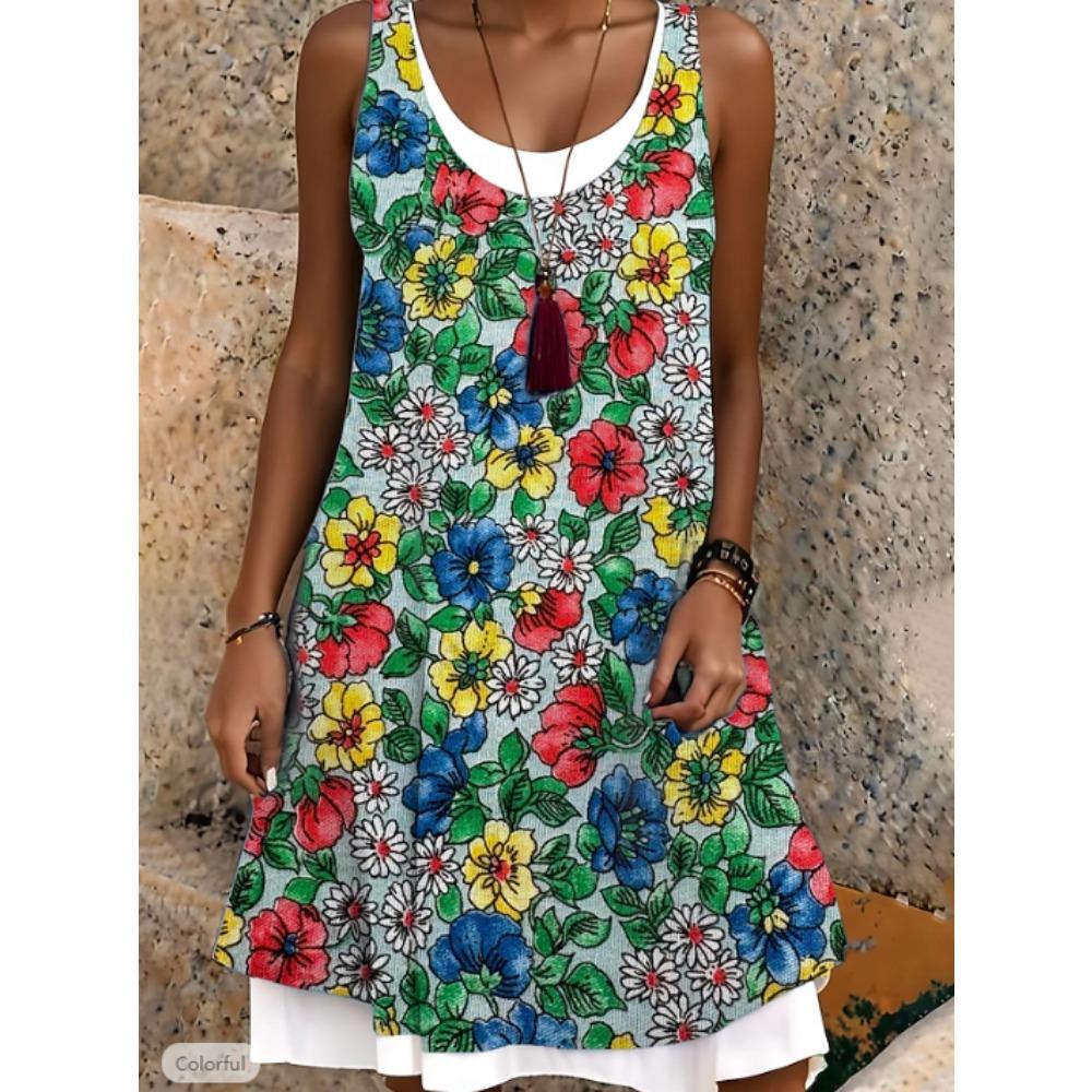 Women's Flower Pattern Printed Sleeveless Round Neck Dress Loose Soft and Comfortable Plus Size Dress