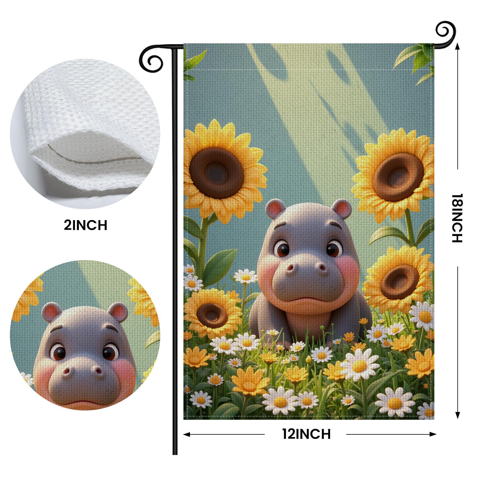 

30x45cm Garden Flag Cute Cartoon Hippo Sunflower Yard Decor Double Sided Floral Outdoor Flag Summer Home Lawn Garden Decoration
