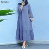 Women Casual Round Neck Solid Color Long Sleeve Muslim Retro Dress