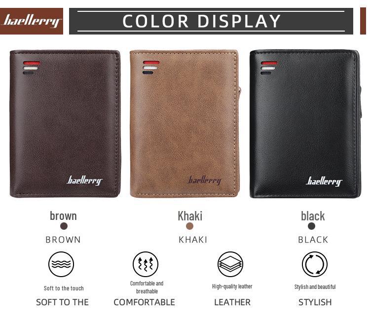 Baellerry Men's Zipper Short Wallet - Multi-Card Slot, Fashionable Vertical Mini Coin Purse