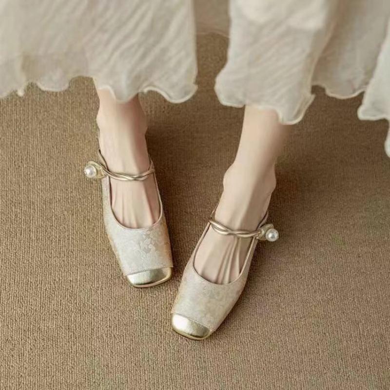 Fashion Women's Square Toe Comfort Heels Pearl Strap Mules Women Low Heels Dress Shoes Cover Toe Ankle Strap Sandals