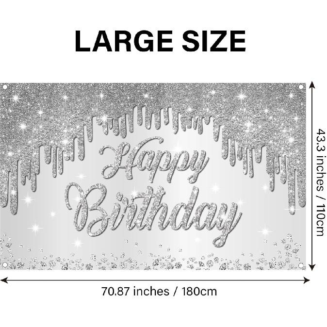 Happy Birthday Banner Silver Birthday Decorations for Women - Large Happy Birthday Backdrop Photography Background Banner Sign, Birthday Party Decor