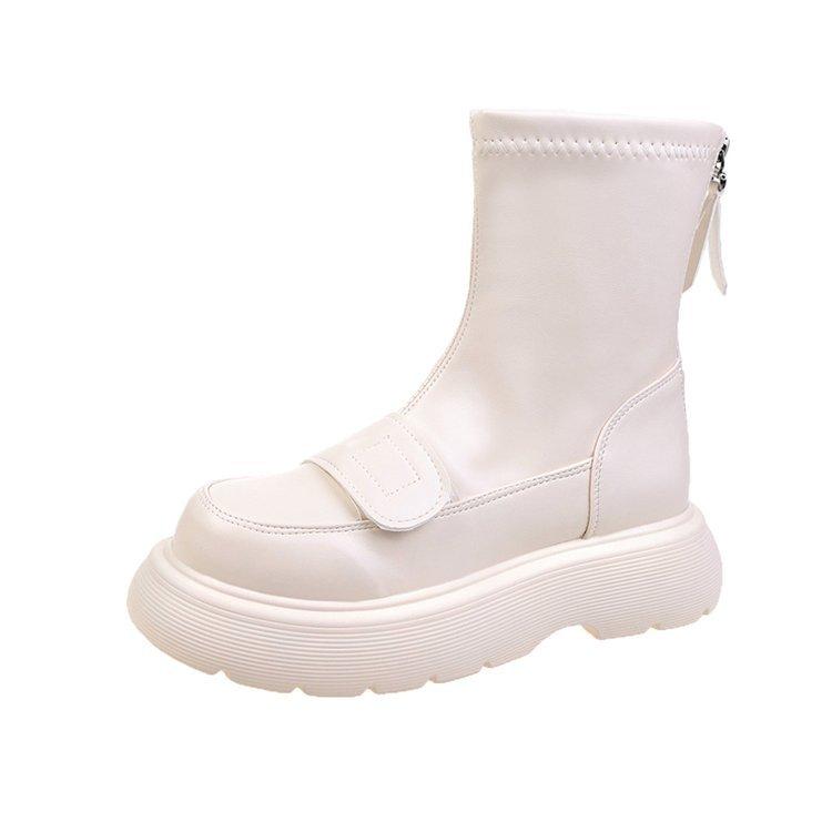 Botas de mujer otoño e invierno nuevas punta redonda retro muffin suela gruesa botas delgadas cremallera trasera casual tubo medio botas de moda