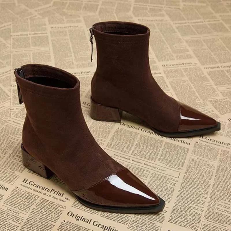 Ankle Boots Women Chunky Mid Heels Suede Shoes Woman Pointed Toe 2025 Trend Winter New Goth Walking Snow Chelsea Botas De Mujer