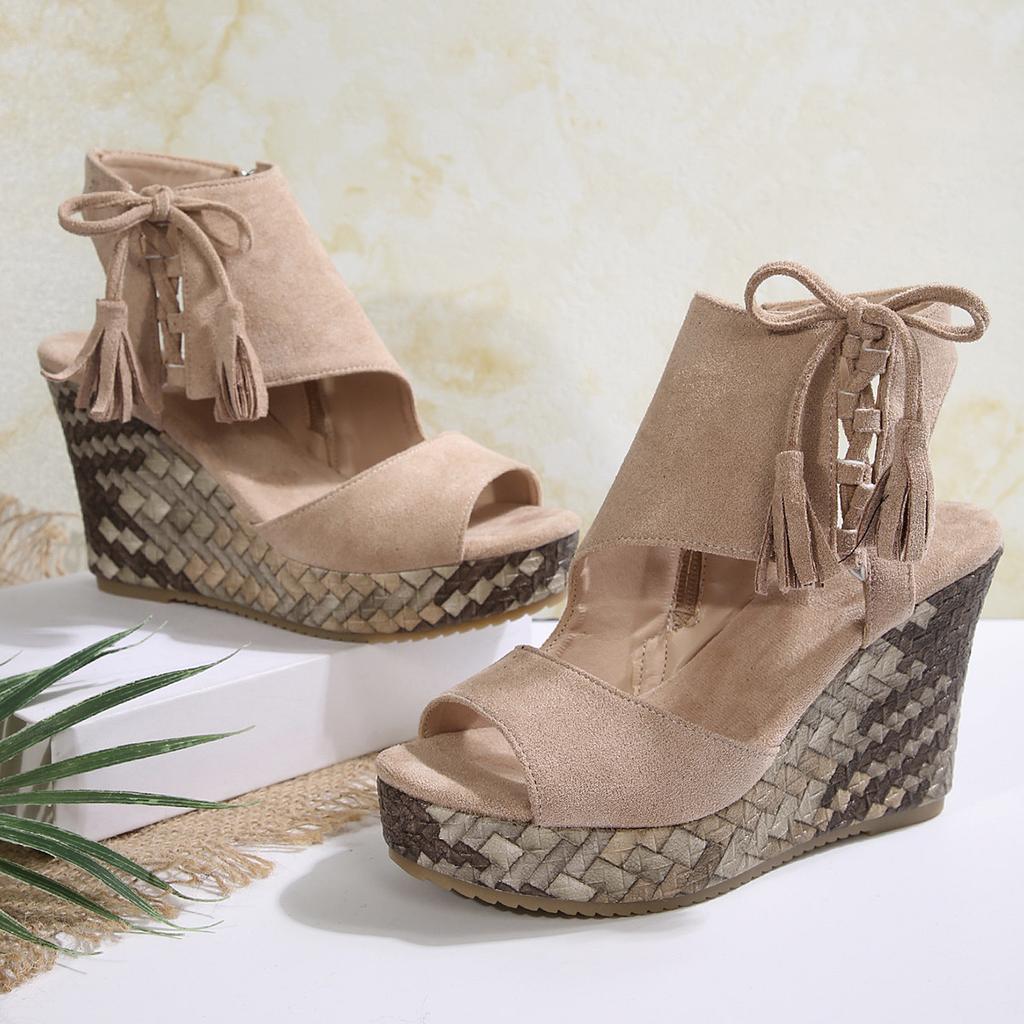 Large size European and American wedge heel sandals 22 spring and summer fringed high heel fish mouth thick sole muffin sole shoes