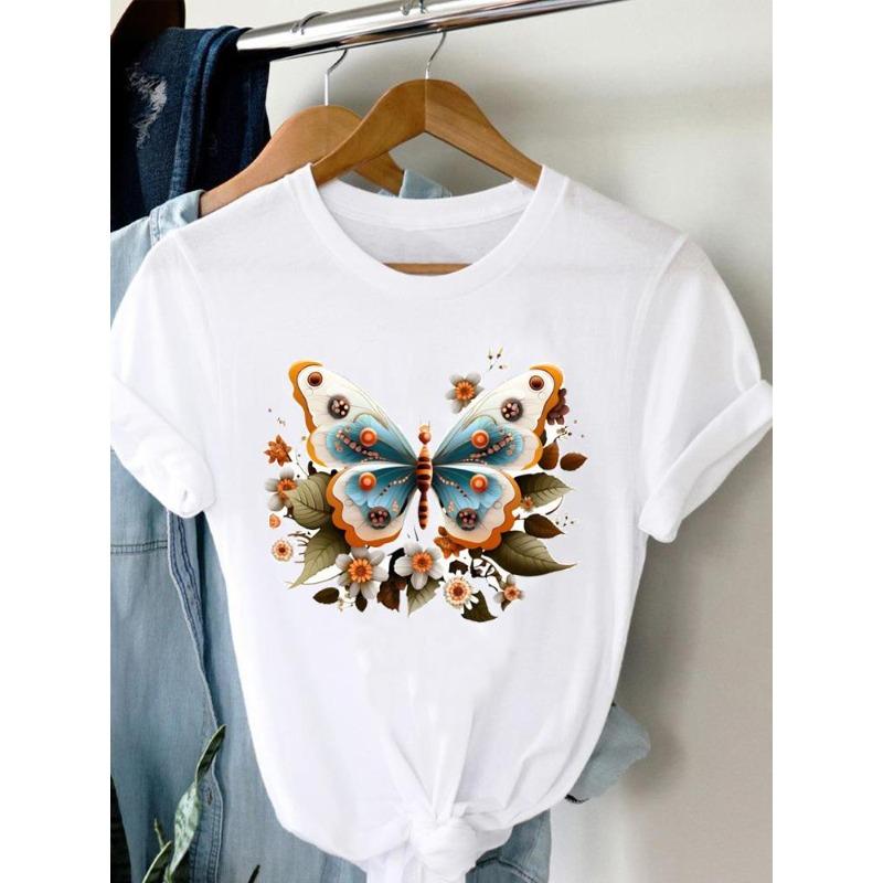 (European Size)90s Women Flower Watercolor Lovely Trend Short Sleeve Fashion Print Lady Tee Top Clothing Casual Tshirt Female Graphic T-shirts