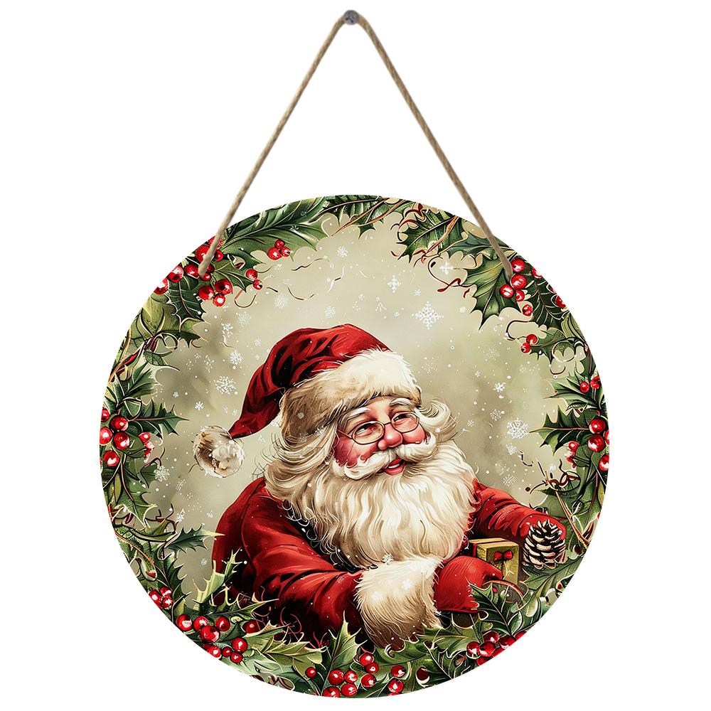 Vintage Santa Claus Pattern Natural Wood Sign Round Wooden Hanging Plaque Indoor Outdoor Door Decor Christmas Festive Home Wall Ornaments