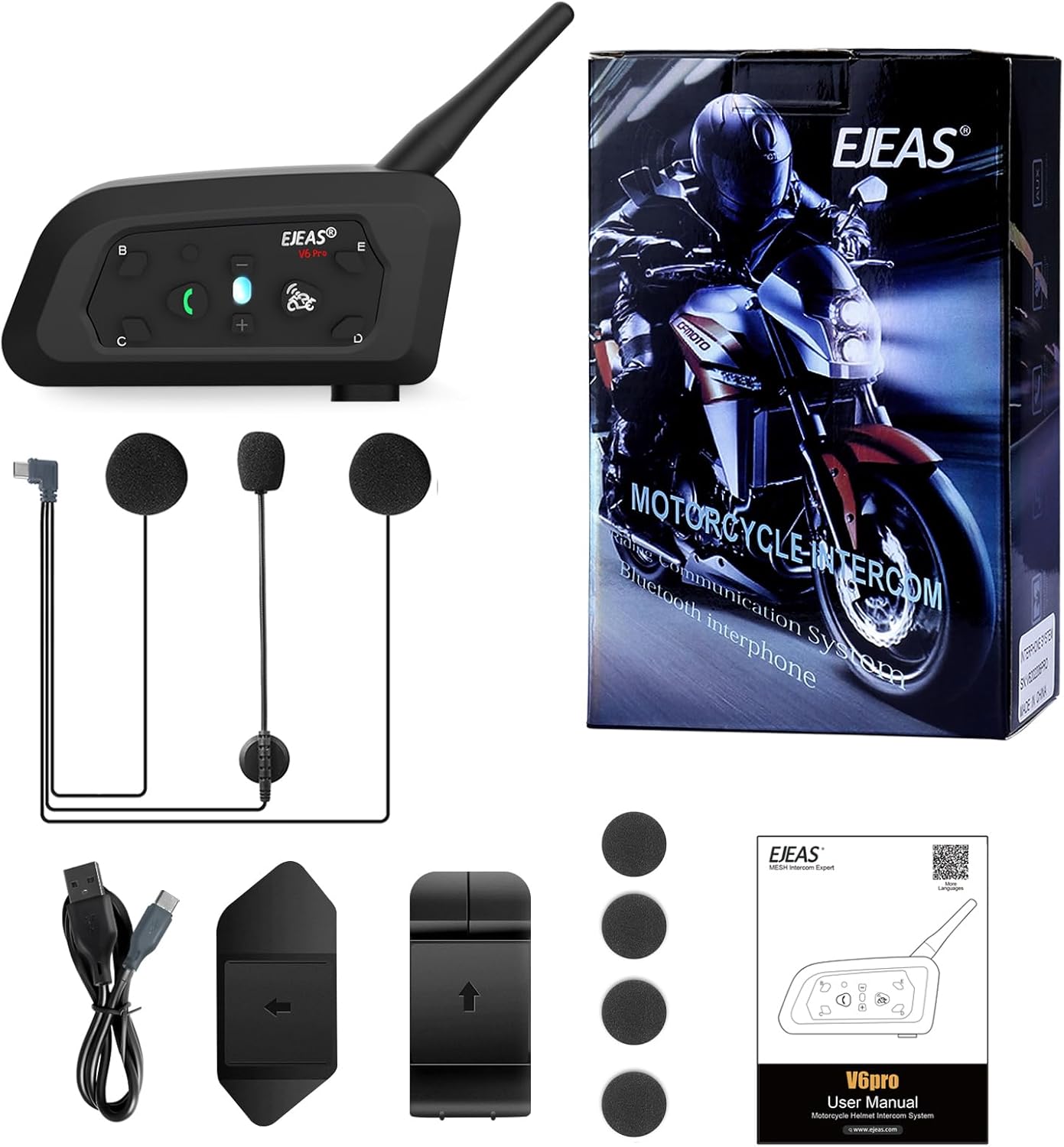 

EJEAS V6 Pro Мотоциклетная Bluetooth-гарнитура Улучшенная система связи Bluetooth 5.1 для 2 водителей, шлем, водонепроницаемая IP67