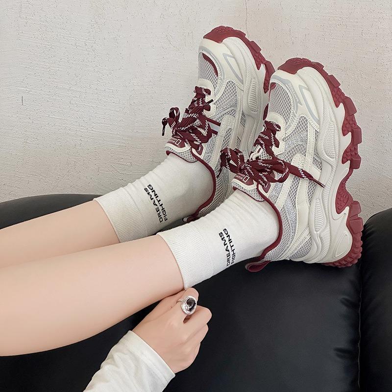 Fashion color matching dad shoes women's autumn new leather mesh breathable thick sole heightening small sports shoes