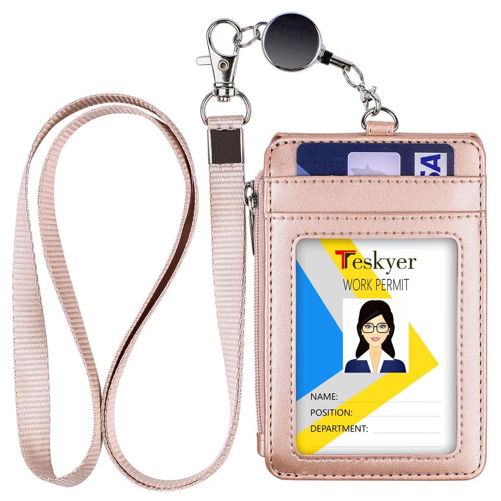 Low Moq Stamping Logo Pu Leather High Capacity Portable Credit Card Holder With Zipper Lanyard Reel Retractable