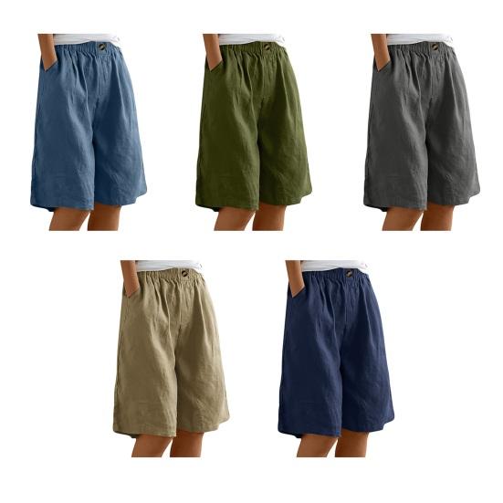 Pantaloncini Bermuda da Donna al Ginocchio Vita Alta Larghi con Tasche Vita Elasticizzata Estivi Cotone Lino Pantaloncini da Spiaggia per Vacanze