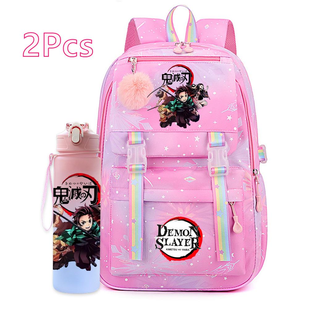 2Pcs/set Anime Cartoon Demon Slayer Printed Backpack with 750Ml Water Bottler for Teenager Bookbag Large Capacity Waterproof Travel Bag Gift