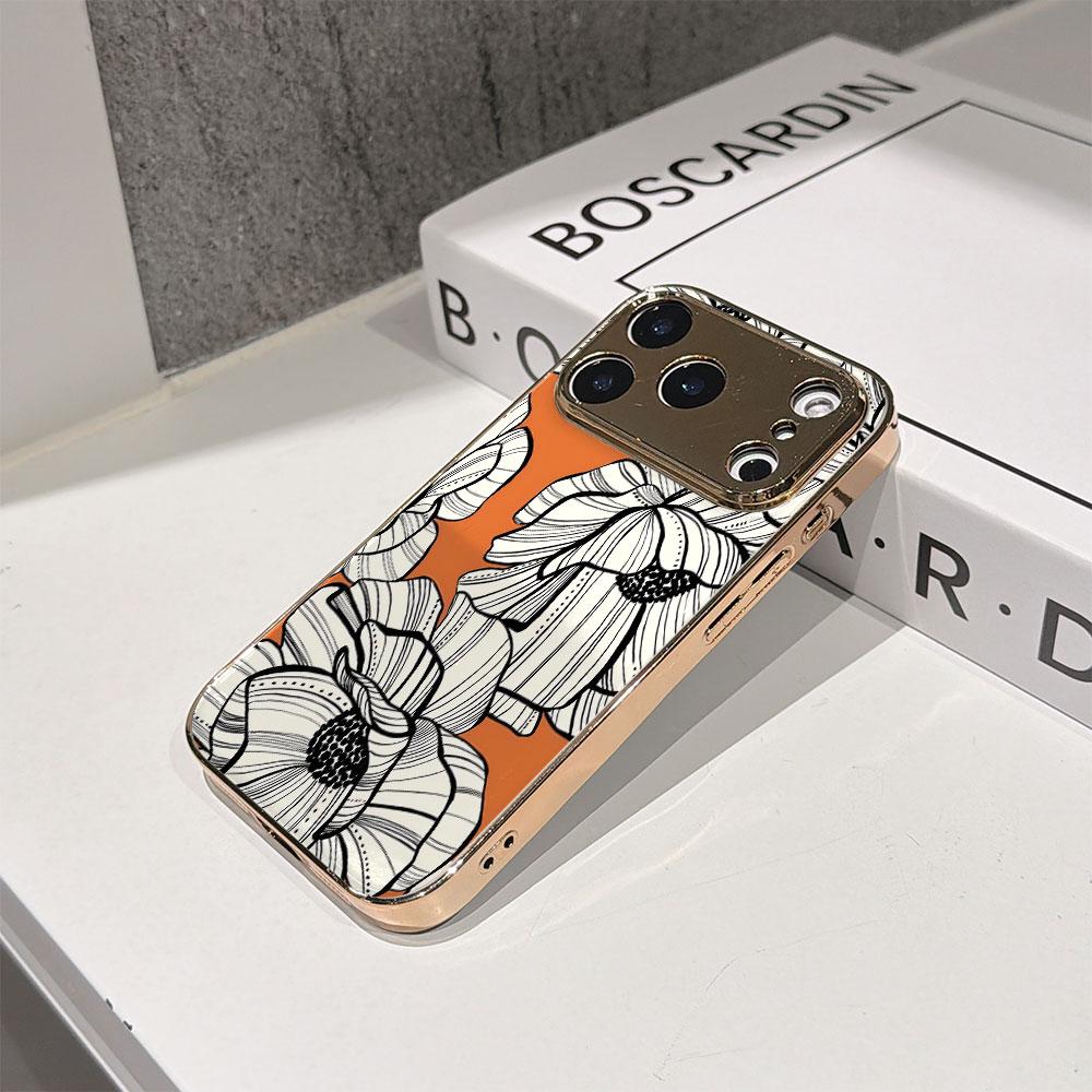 Lucky Start Phone Case For iPhone 17 16 15 14 13 12 11 Pro Max 16E Gold Electroplated glass shell  Orange Flowers Cover