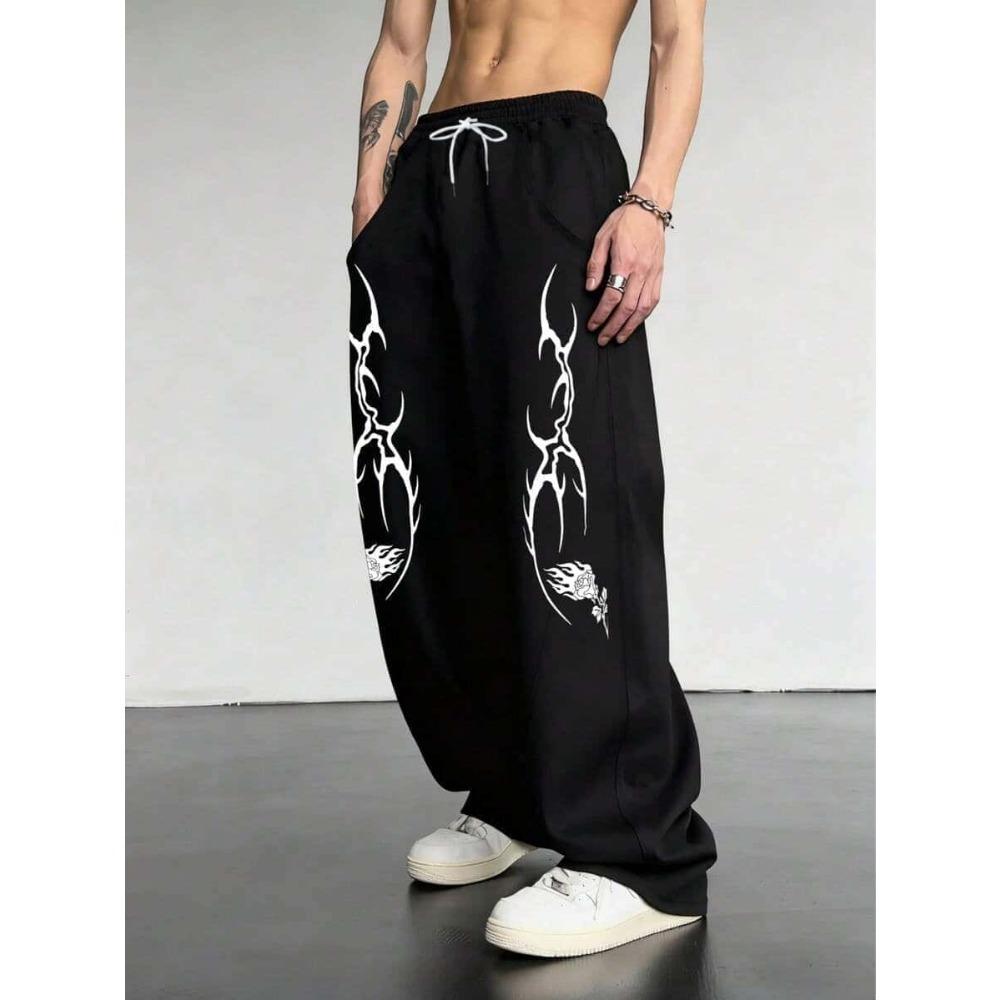 Spring Summer Street Trendy Cool Green Tattoo Style Star Pattern Loose Large Casual Sports Gothic Pants