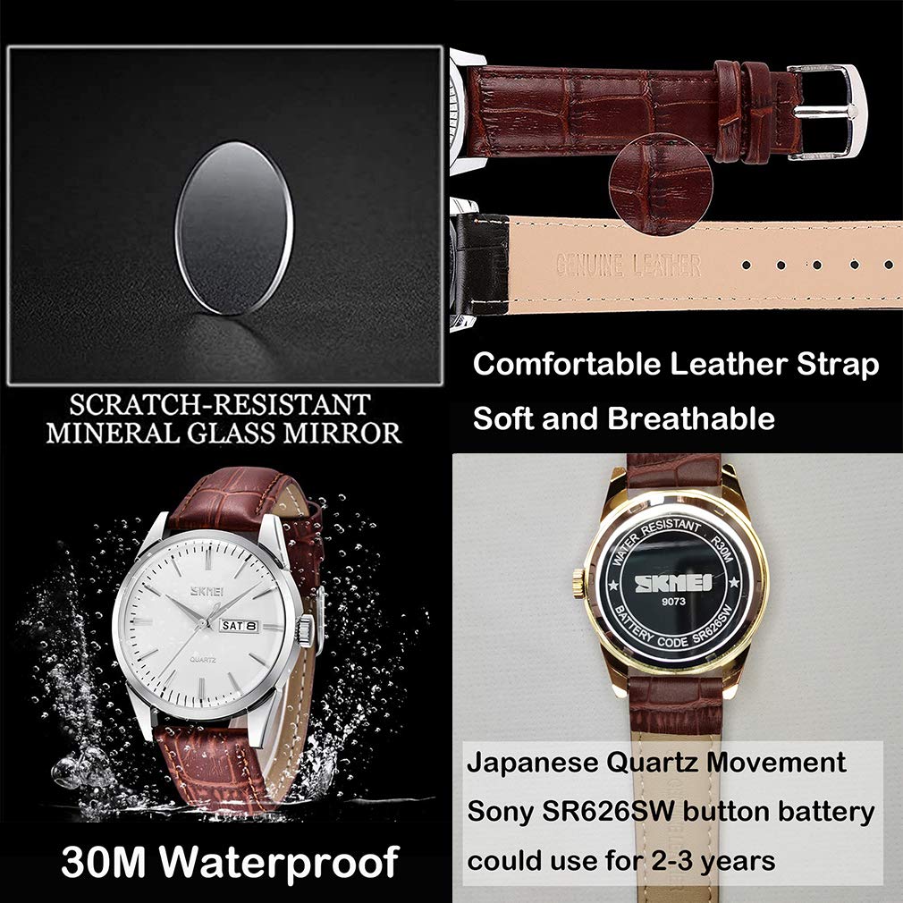 Brown Leather Classic Business Waterproof Quartz Date Day of the Week Gift Men's Watch, Strap, Wristwatch, Movement, Analog, Stylish, Casual, Simple,