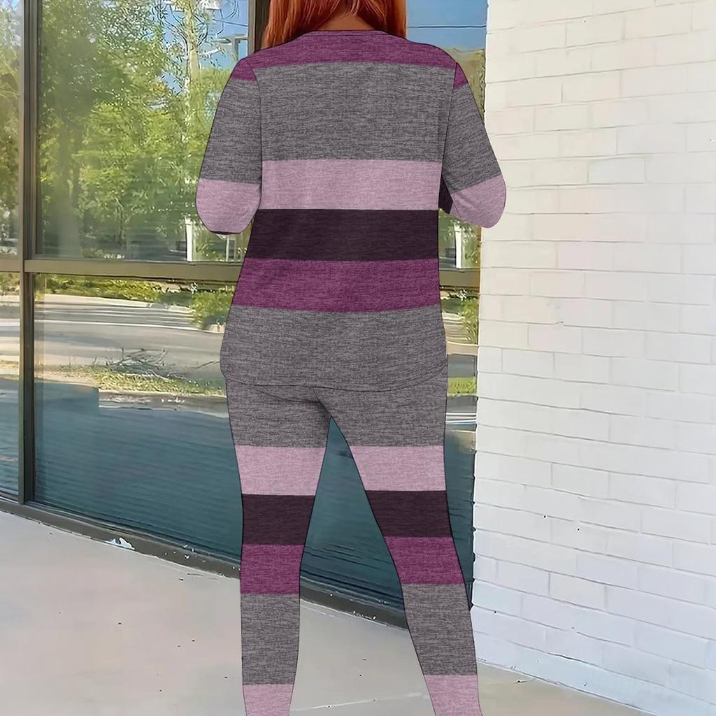 Women Plus Size Striped Printed Round Neck Long Sleeve Top And Fitted Pants Two Piece Set