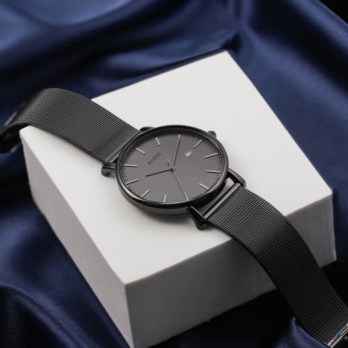 BUREI Men's Watch, Simple, Waterproof, Analog, Popular, Stylish Milanese Design with Mesh Strap, Black/Gray