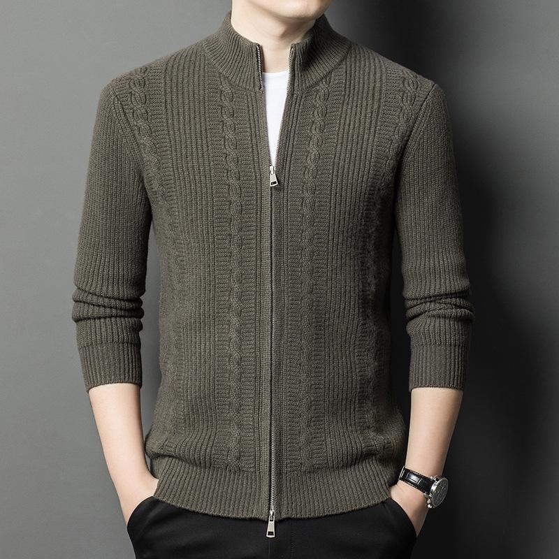 Men's Jacquard Wool Cardigan - 2025 Autumn/Winter Fashion, Zip-Up Stand Collar, Casual Sweater for Middle-Aged and Young Adults.
