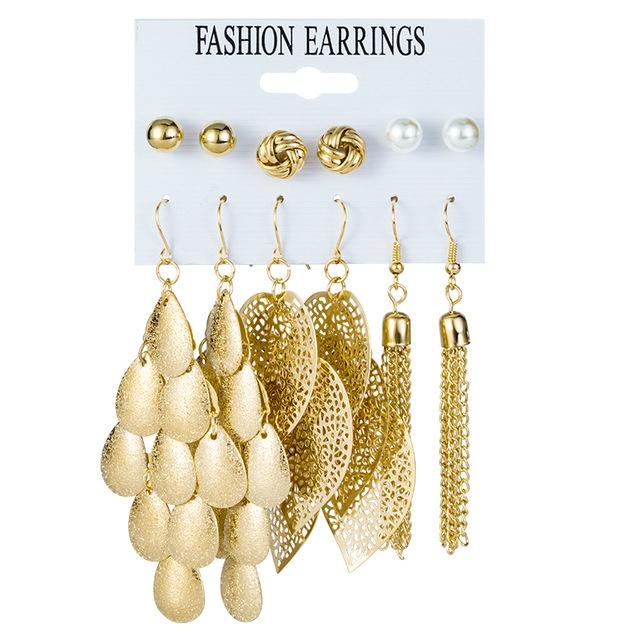 IF ME Korean Geometric Tassel Earring Set Simple Retro Leaf Heart Gold Earrings Jewelry Accessories