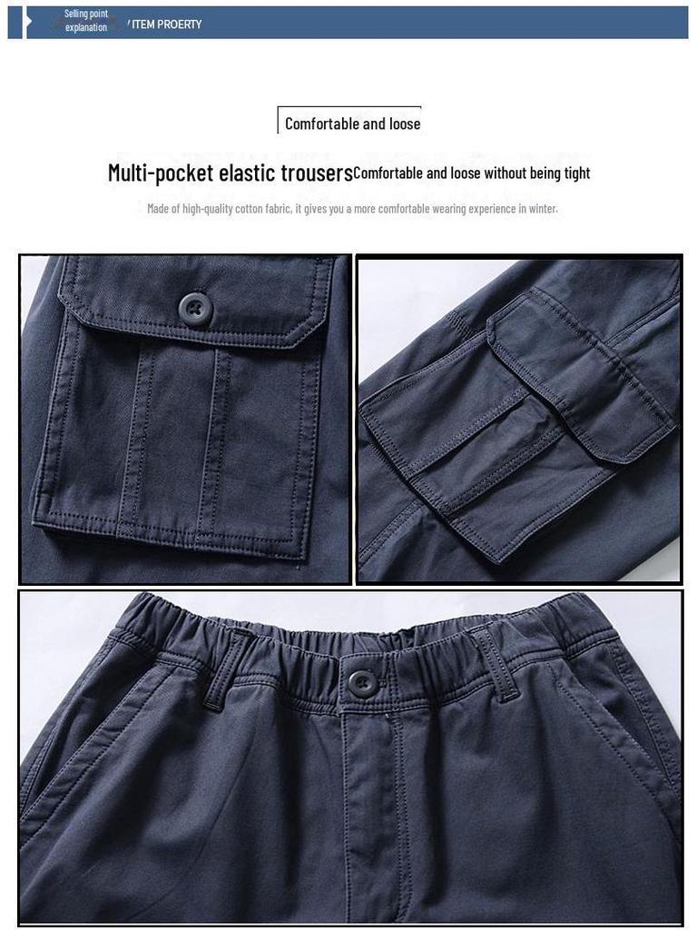 Lockere, gerade Cargohose aus reiner Baumwolle für Herren – große Größe, mehrere Taschen, Freizeitkleidung für Herbst und Winter