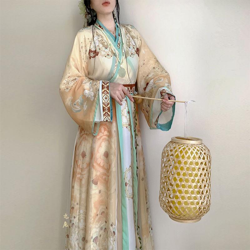 Chinese Jin Dynasty Style Hanfu, Cross-neck One-piece Waist-length Skirt, Daily Three-piece Set
