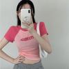 Y2K Women T Shirt Patchwork Letter Slim Fit Crop Tops Streetwear Casual Korean Fashion Short Sleeve Tshirts Bae Female Tees