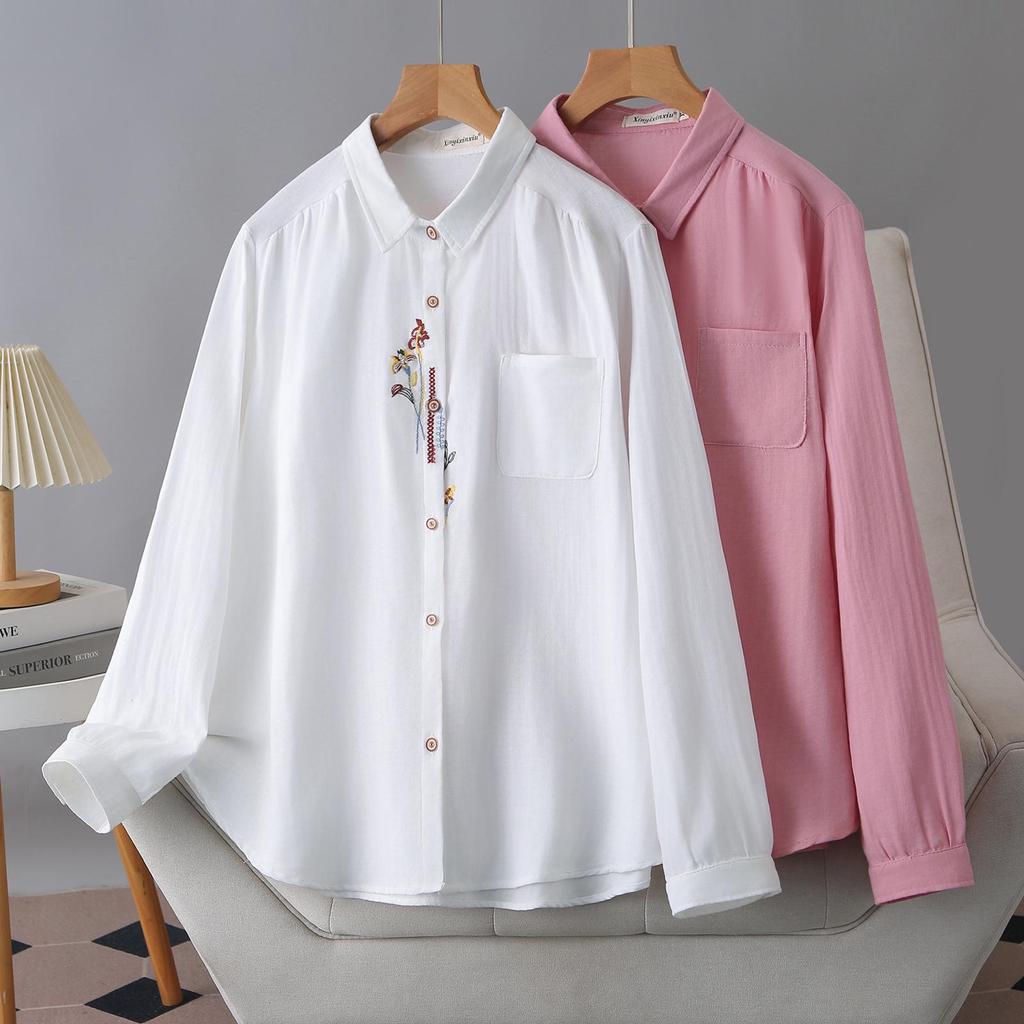 2026 Spring Plus Size Women's Long Sleeve Embroidered Cotton Cardigan Shirt for Curvy Women