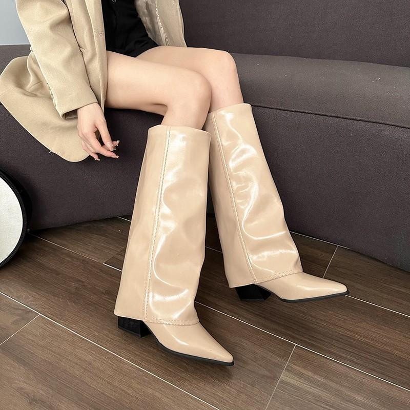 Pointed Thick Heel Long Trouser Tube Boots Women Fashion Leather Boots Comfort Versatile Shoes Women Hottie Knight Botas Mujer