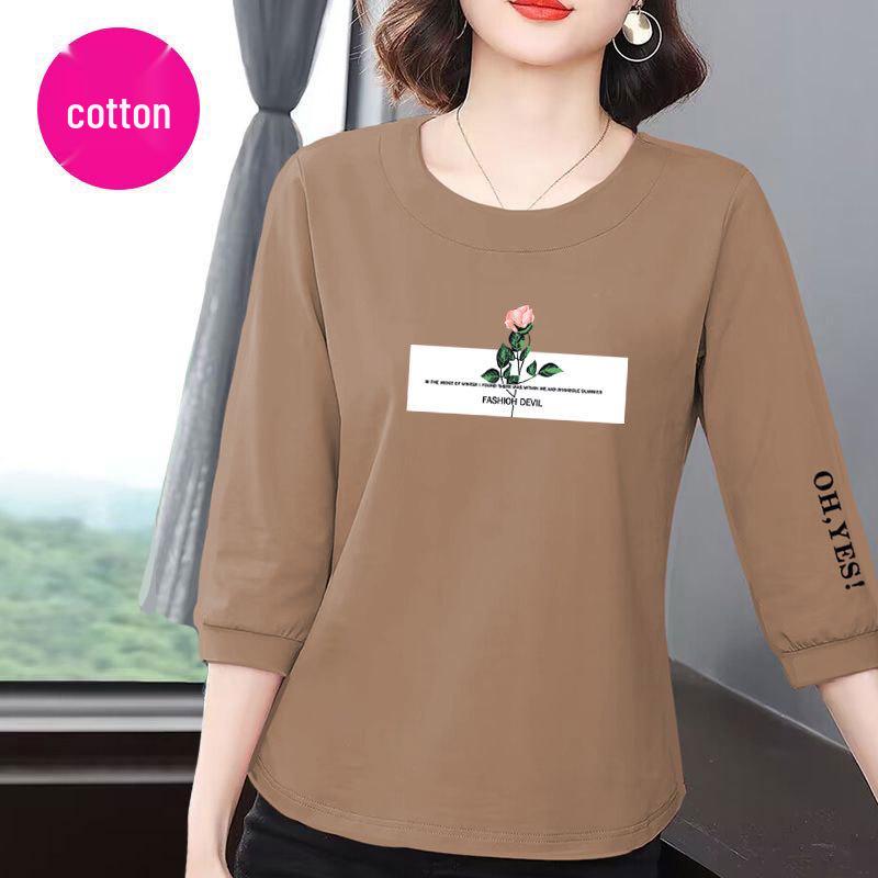 Premium Women's Cotton Seven-Sleeve T-Shirt - Korean Style, Summer 2025, Casual Loose Fit, Belly-Covering, Slimming, Versatile Top