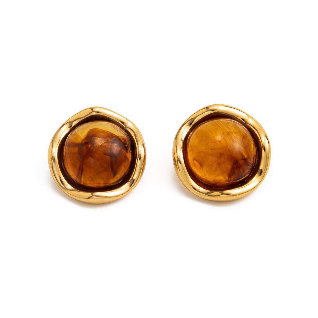 Salircon Vintage light Brown White Pink Resin Stud Earrings Women 18K Gold Plated Stainless Steel Piercing Ear Accessory Jewelry