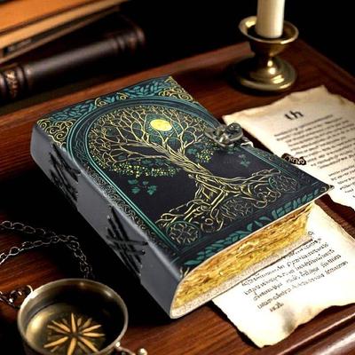 Дерево Життя Гримуар – Шкіряна Книга Тіней з Фазами Місяця | Книга Заклинань Ручної Роботи для Відьомства | Небесний Журнал для Подарунків