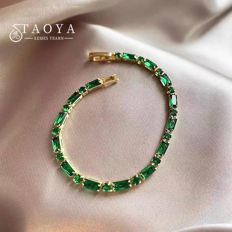 French Luxury Green Zircon Spliced Metal Copper Alloy Bracelet 2026 New Fashion Jewelry For Womens Party Charm Wrist Accessories 16cm
