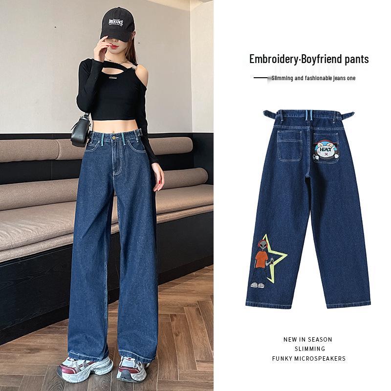 

Женские джинсы с высокой посадкой, темно-синие, с вышивкой, широкие штанины - Весна и Осень, стройнящие, свободного кроя, в стиле бойфренд. L