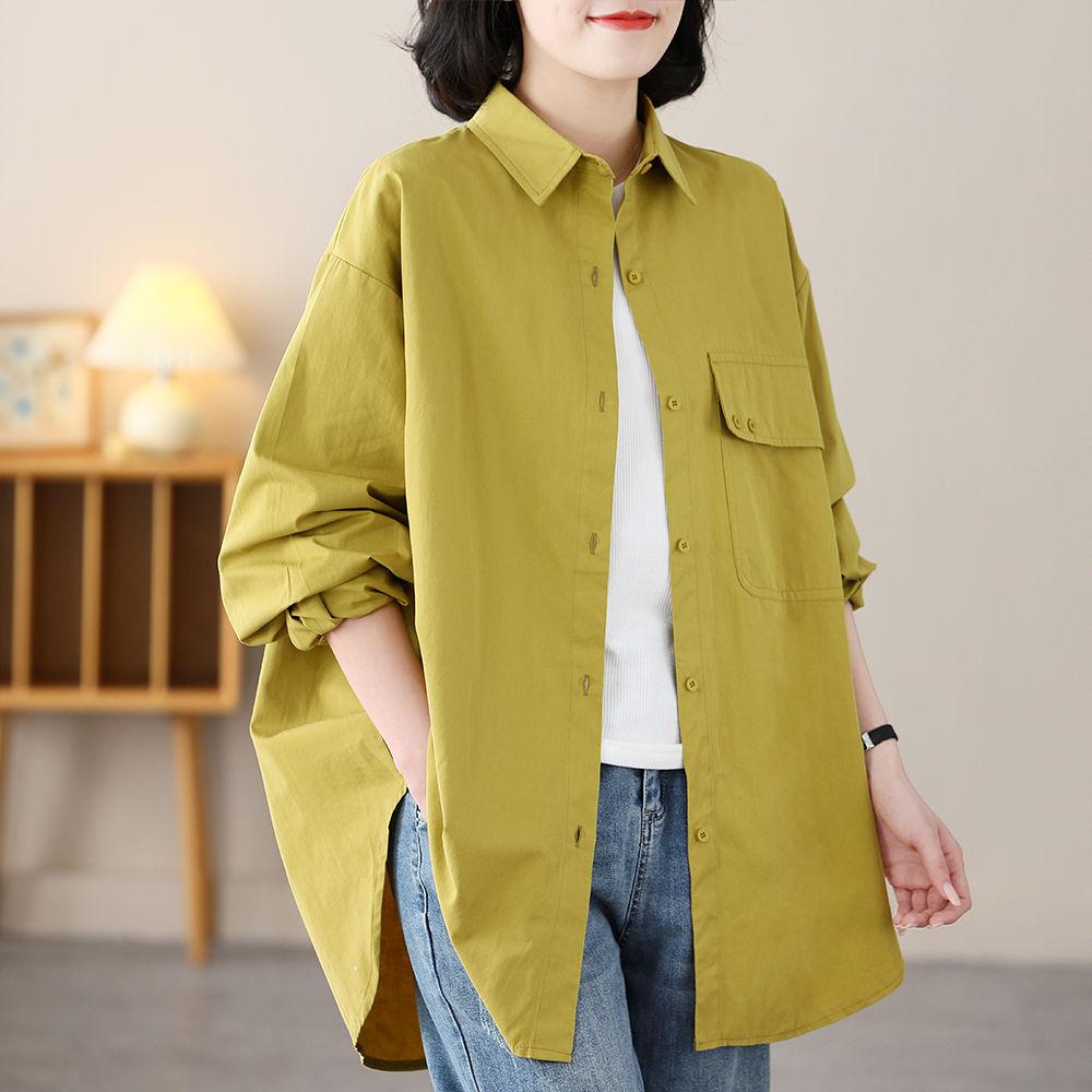 

Spring and Autumn Women s Stitching Tooling Shirt Women s Loose Lazy Wind Shirt Jacket XXL жовто-зелений