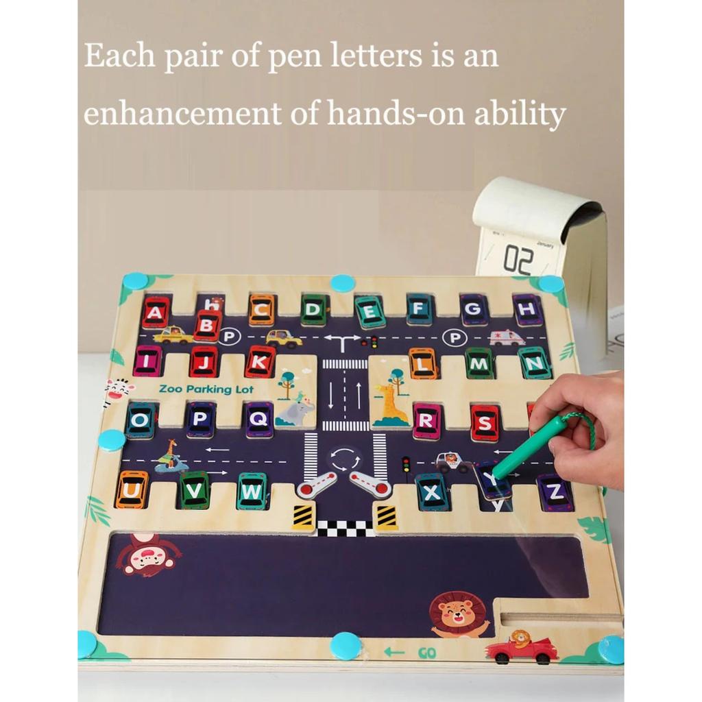 Children Magnetic English Letters Find Car Parking  Maze Learning Education Toys Color Matching Montessori Toys Wooden Toys