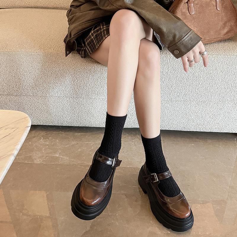 Popular Fashion Single Shoes One-word Buckle Small Leather Shoes Black Retro Round Head Platform Mary Jane Shoes Women's Spring 2025