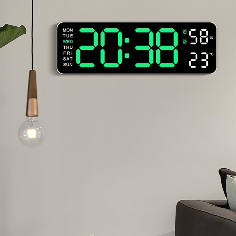 Multifunctional LED Wall Clock with Temperature Display Adjustment Brightness and 2 Alarms 12/24 Hour Memory Function